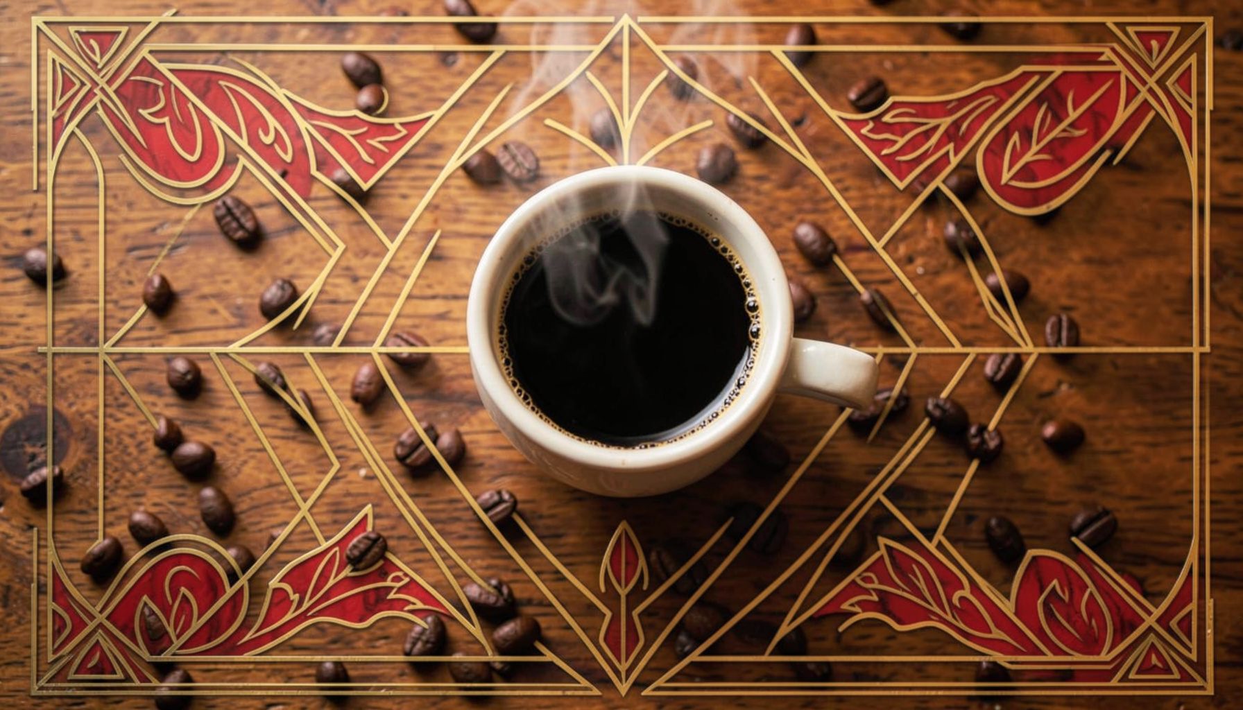 A warm-toned overhead composition of a steaming black coffee in a ceramic cup on a textured wooden surface, with scattered dark coffee beans and soft natural light creating a calm, inviting mood.