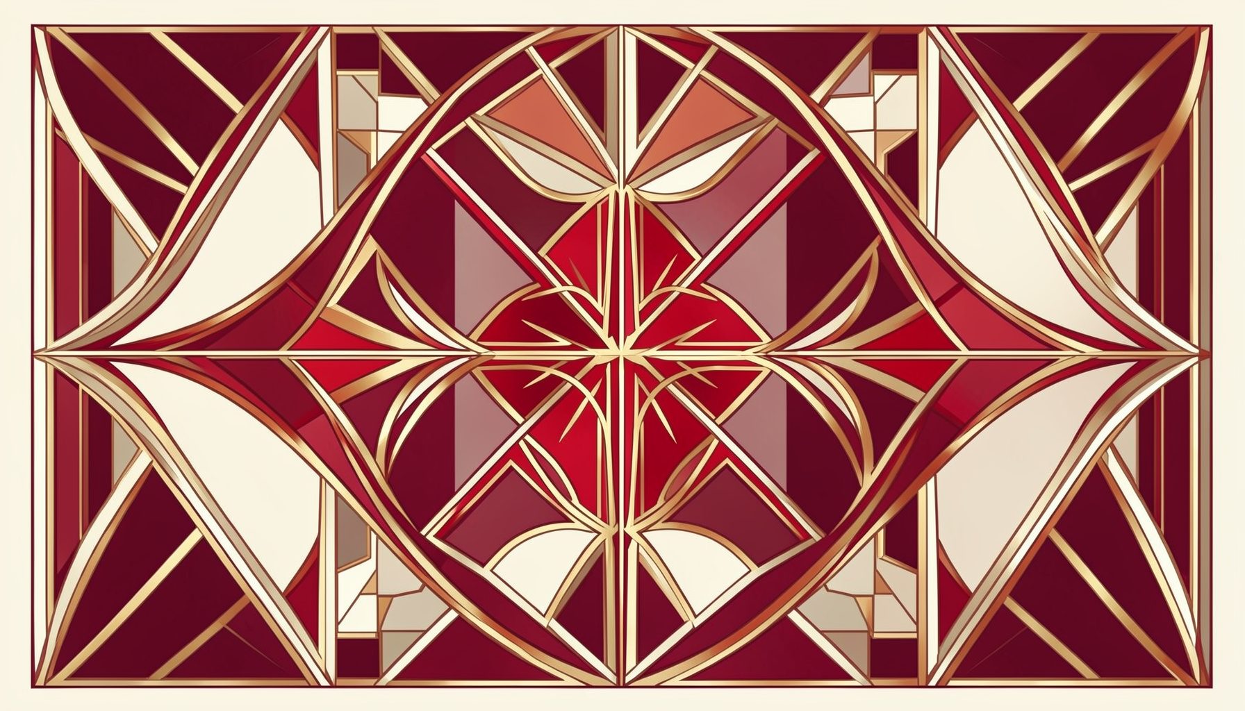 Art-deco geometric composition with symmetrical motifs in warm cream, taupe, and deep maroon tones, evoking a refined coffee-house atmosphere.