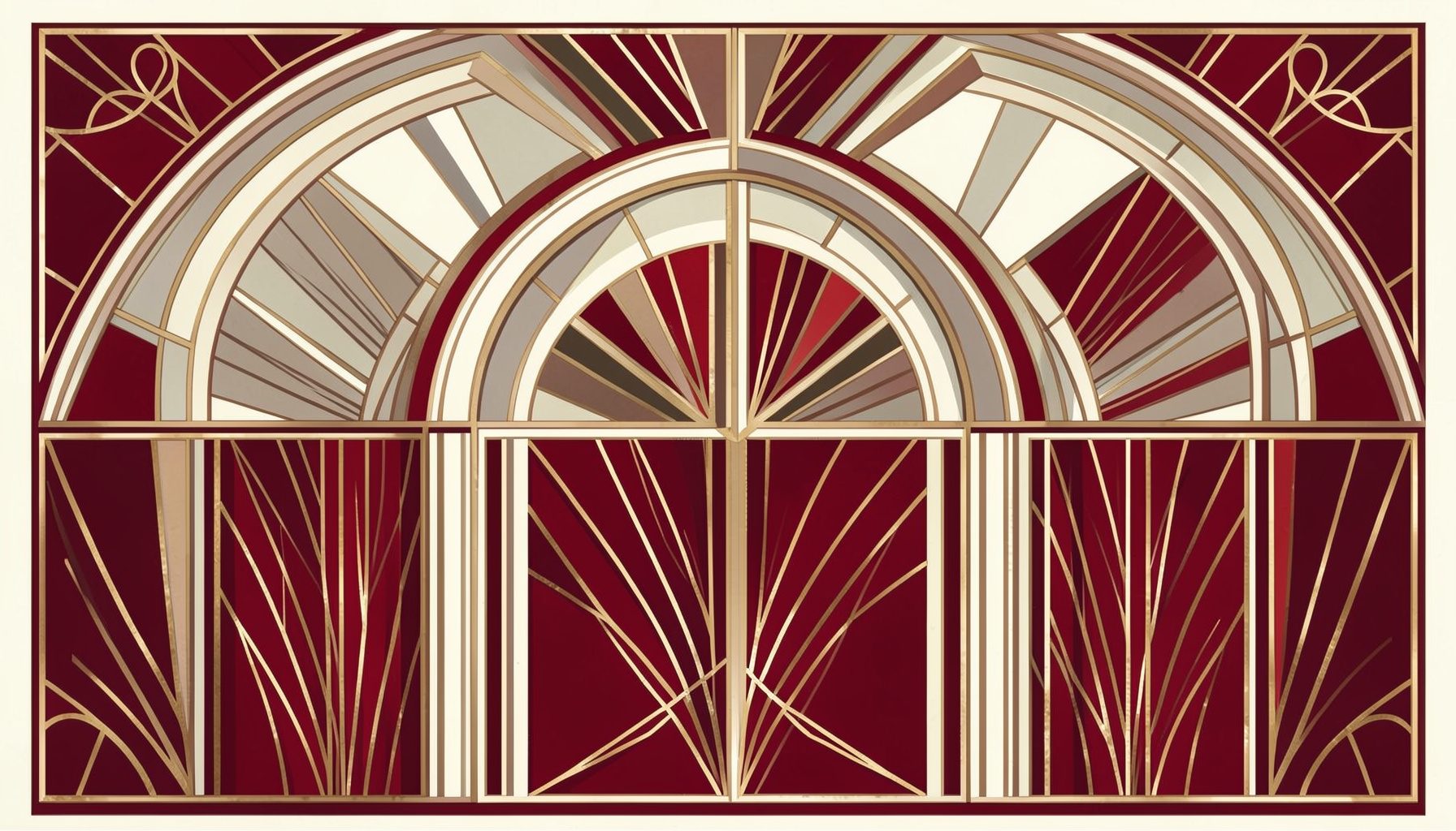 Warm-toned art-deco geometric composition with symmetrical layered arches and radiating lines in cream, taupe, and deep maroon, evoking a refined coffee-house atmosphere.