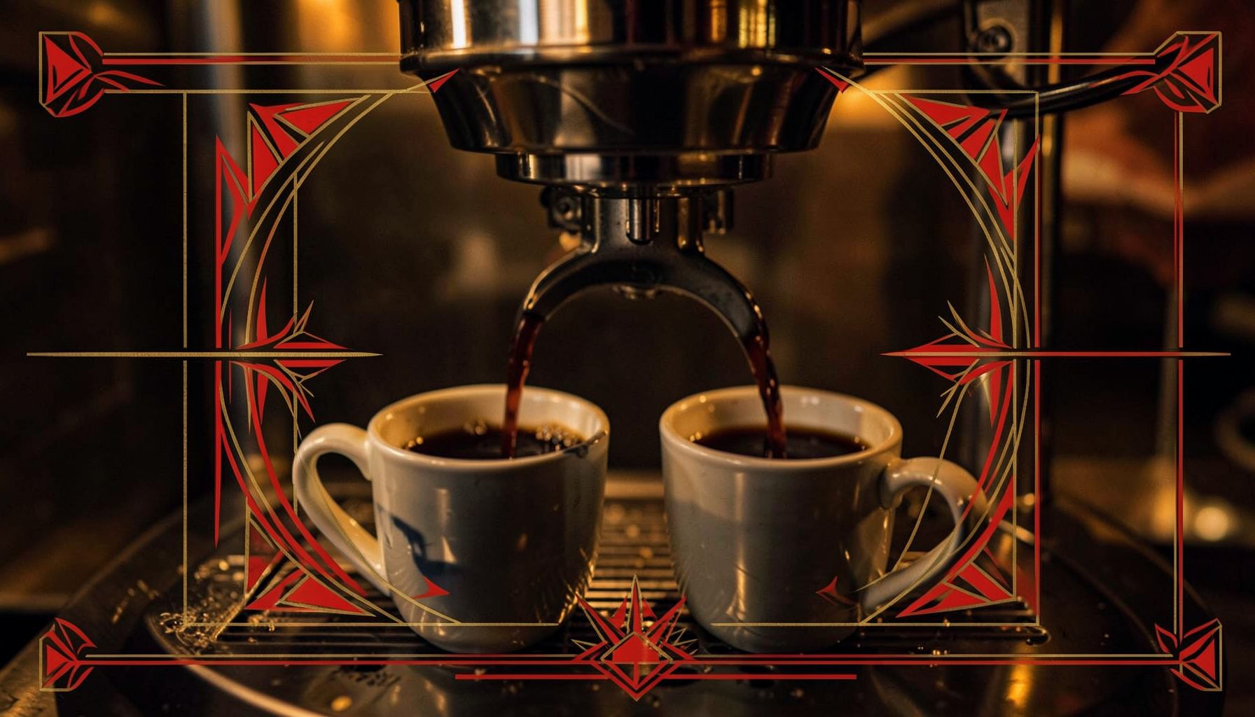 Close-up of an espresso machine portafilter pouring dark coffee into two cups, warm dim lighting, cozy industrial atmosphere.