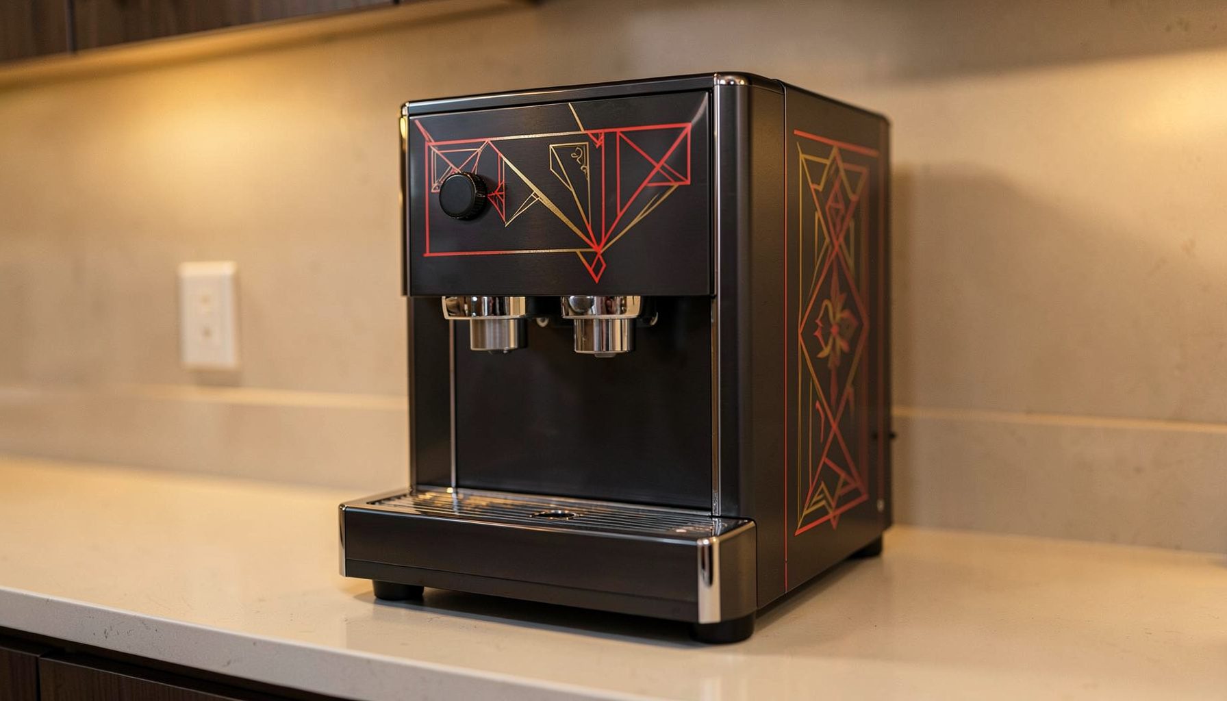 Sleek fully automatic coffee machine with a dark metallic front panel and chrome accents, sitting on a light-toned kitchen countertop with warm ambient lighting.