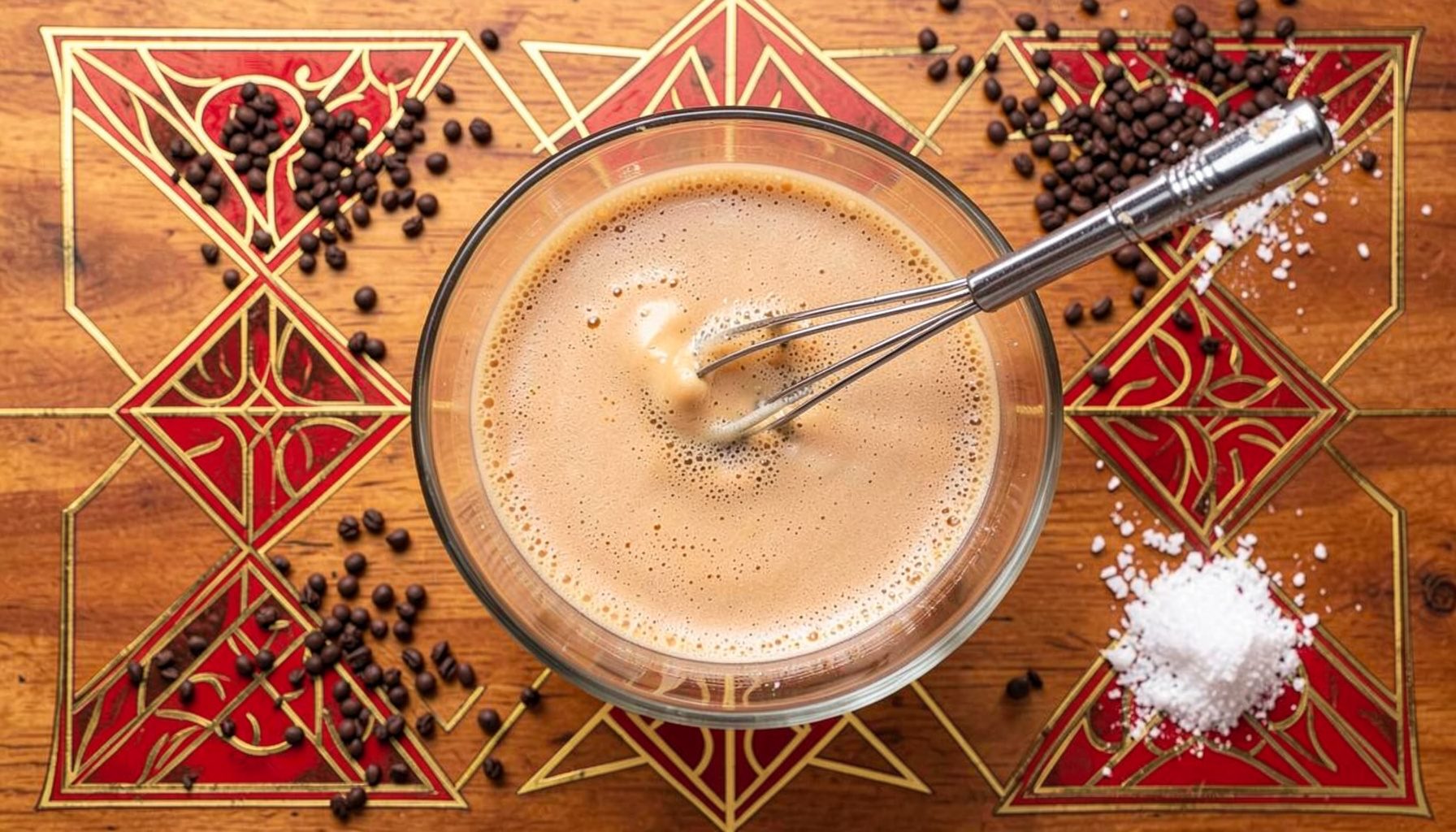 Overhead view of a whisk swirling through creamy tan coffee foam in a glass bowl, surrounded by instant coffee granules and sugar on a warm wooden surface.